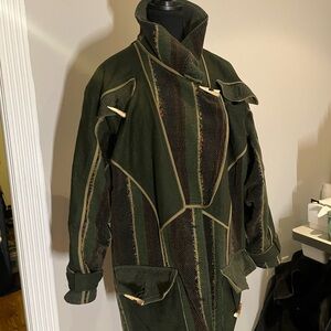 Structured Olive Green Textured Coat with Contrast Piping